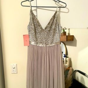 Adrianna Papell Gray Silver Beaded Sequin Gown NWT